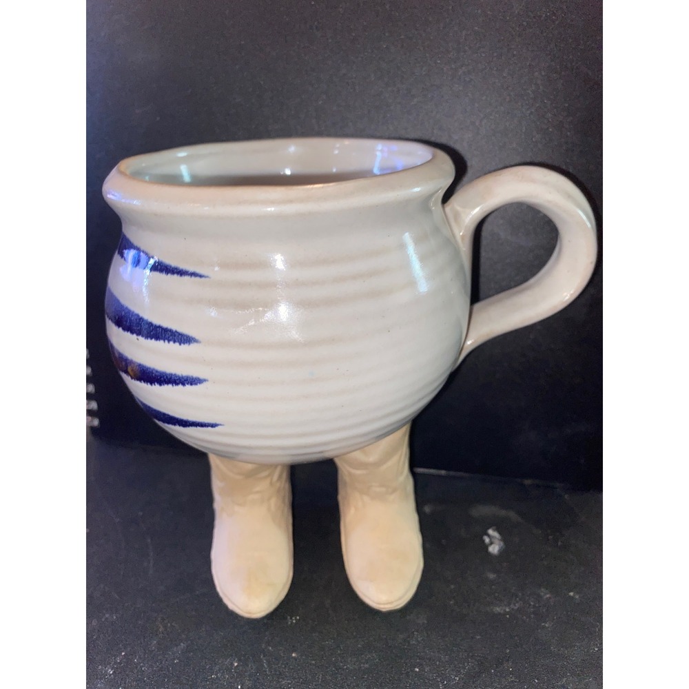 Vintage Muddy Waters 1994 Studio Pottery Cowboy Boot Mug Cream Blue Striped